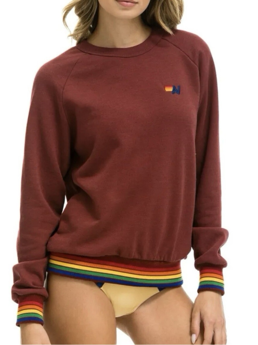 Aviator Nation Rainbow Rib Crewneck Pullover Sweatshirt
